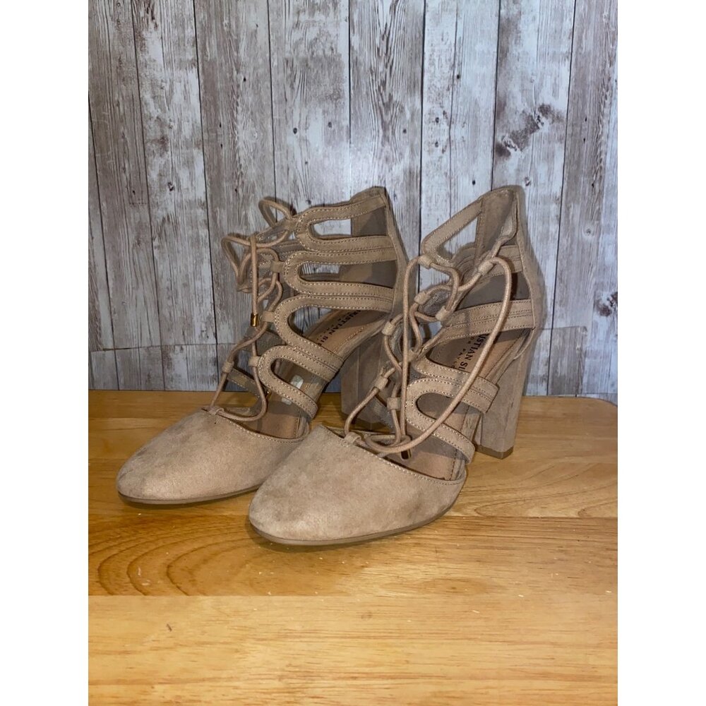 Women's Christian Siriano For Payless Beige Lace Up Block Heels Size 7